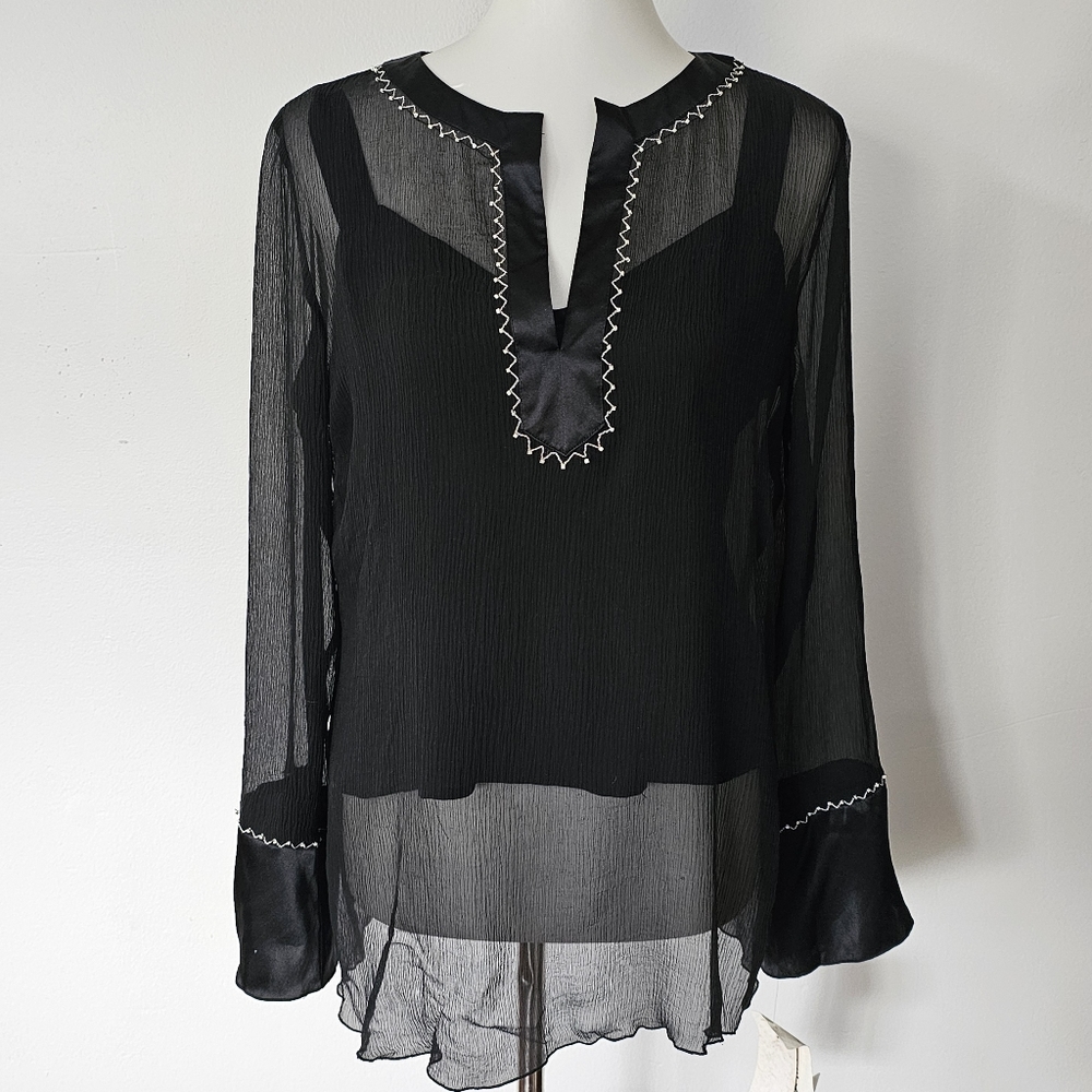 Tess Black Sheer Lined Silk Beaded Tunic Size 6